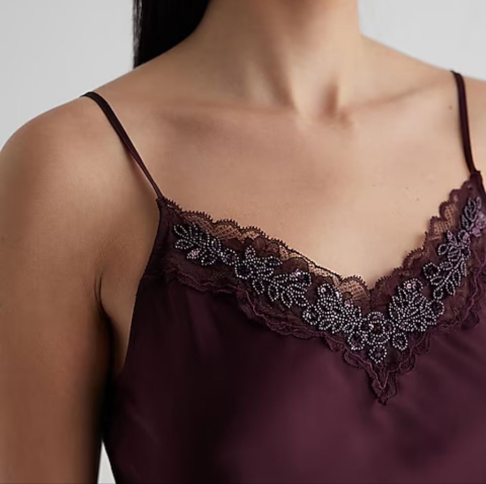EXPRESS: Satin Beaded Lace Trim V-Neck Downtown Cami - Picture 3 of 6